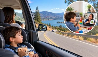 Parent and child inside the car along with beautiful scenery