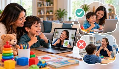 Parent and child doing developmental activity through telehealth speech therapy
