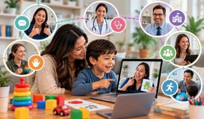 Parent and child engaged in telehealth speech therapy supervised by group of professionals