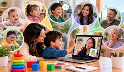 Parent, child, adult and senior participating in telehealth speech therapy at home