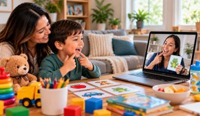 Parent and child comfortably doing telehealth speech therapy at home