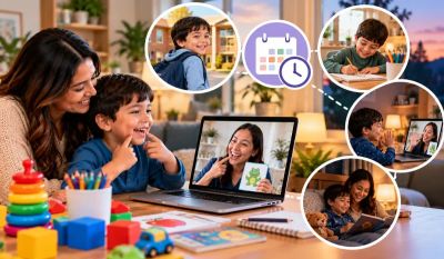 Parent and child doing developmental activity through telehealth speech therapy at home