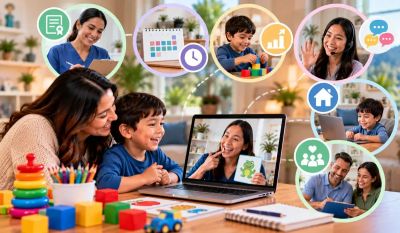 Parent and child enjoying the flexibility of undergoing telehealth speech therapy at home
