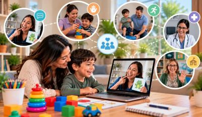 Parent and child being supported by a group of licensed telehealth speech therapy at home