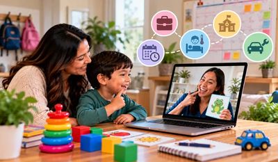 Parent and child engaged in Marysville telehealth speech therapy at home