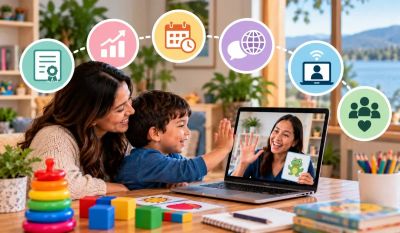 Parent and child happily engaging in Clearlake telehealth speech therapy at home