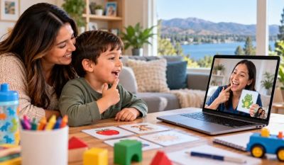 Mother and son engaging in online learning with a tutor.