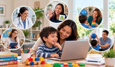 Parent and child undergoing telehealth speech therapy with group of professionals