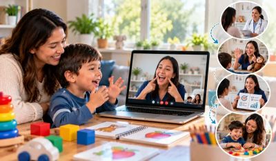 Parent and child enjoying developmental activity during telehealth speech therapy session