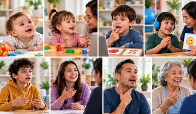 Parents, seniors, toddler and infant enjoying telehealth speech therapy