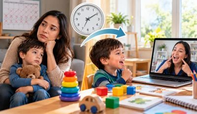 Parent and child waiting for Eureka telehealth speech therapy session