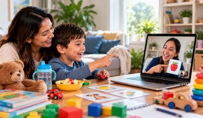 Parent and child enjoying speech therapy at home
