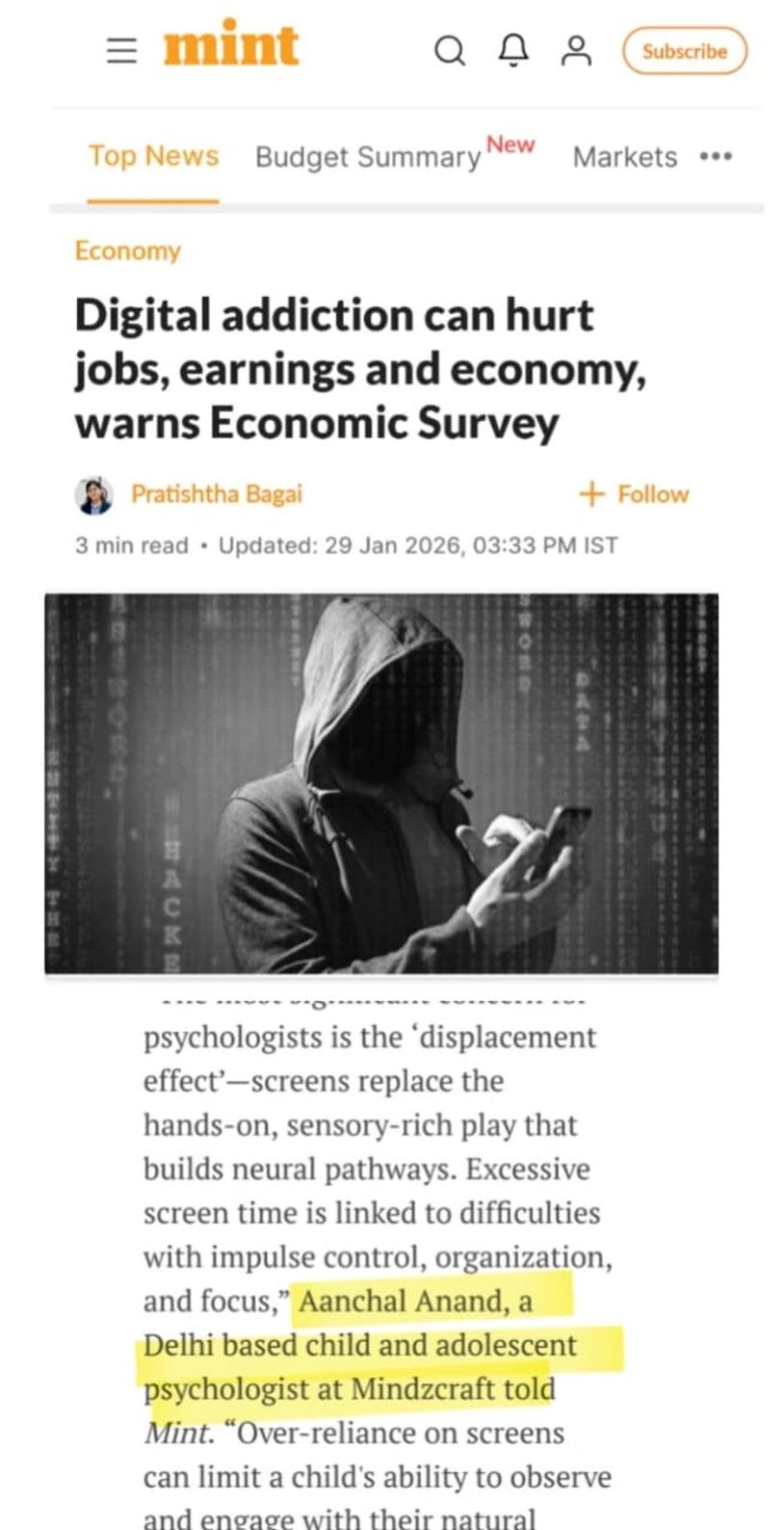 Article warns digital addiction harms jobs, earnings, and economy.