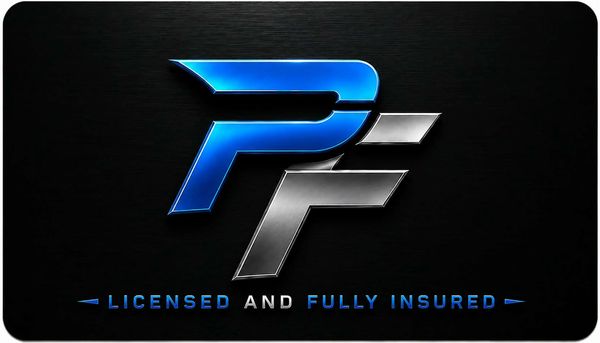 Logo with blue and silver letters PF, licensed and fully insured.