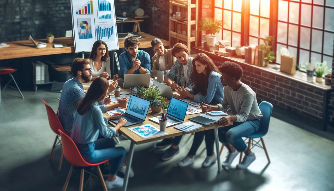 A vibrant office setting with a diverse group of startup team members collaborating on a project fpr Venture Capital. A vibrant office setting with a diverse group of startup team members collaborating on a project fpr Venture Capital.