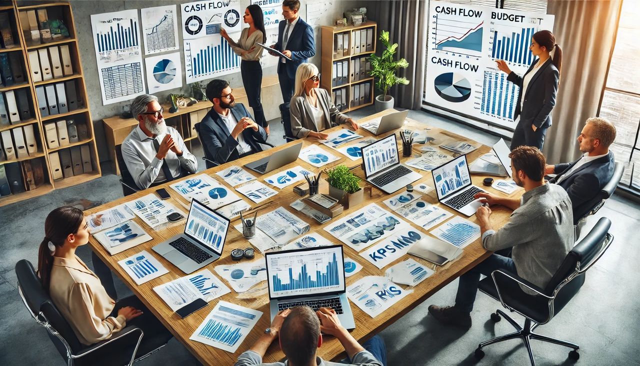 A well-organized office with a team of venture capital consultants analyzing financial data on laptops, charts, and reports. The scene includes cash flow graphs, budget sheets, and KPIs, with the team engaged in discussing financial strategy and optimization. The atmosphere is professional and data-driven. A well-organized office with a team of venture capital consultants analyzing financial data on laptops, charts, and reports. The scene includes cash flow graphs, budget sheets, and KPIs, with the team engaged in discussing financial strategy and optimization. The atmosphere is professional and data-driven.