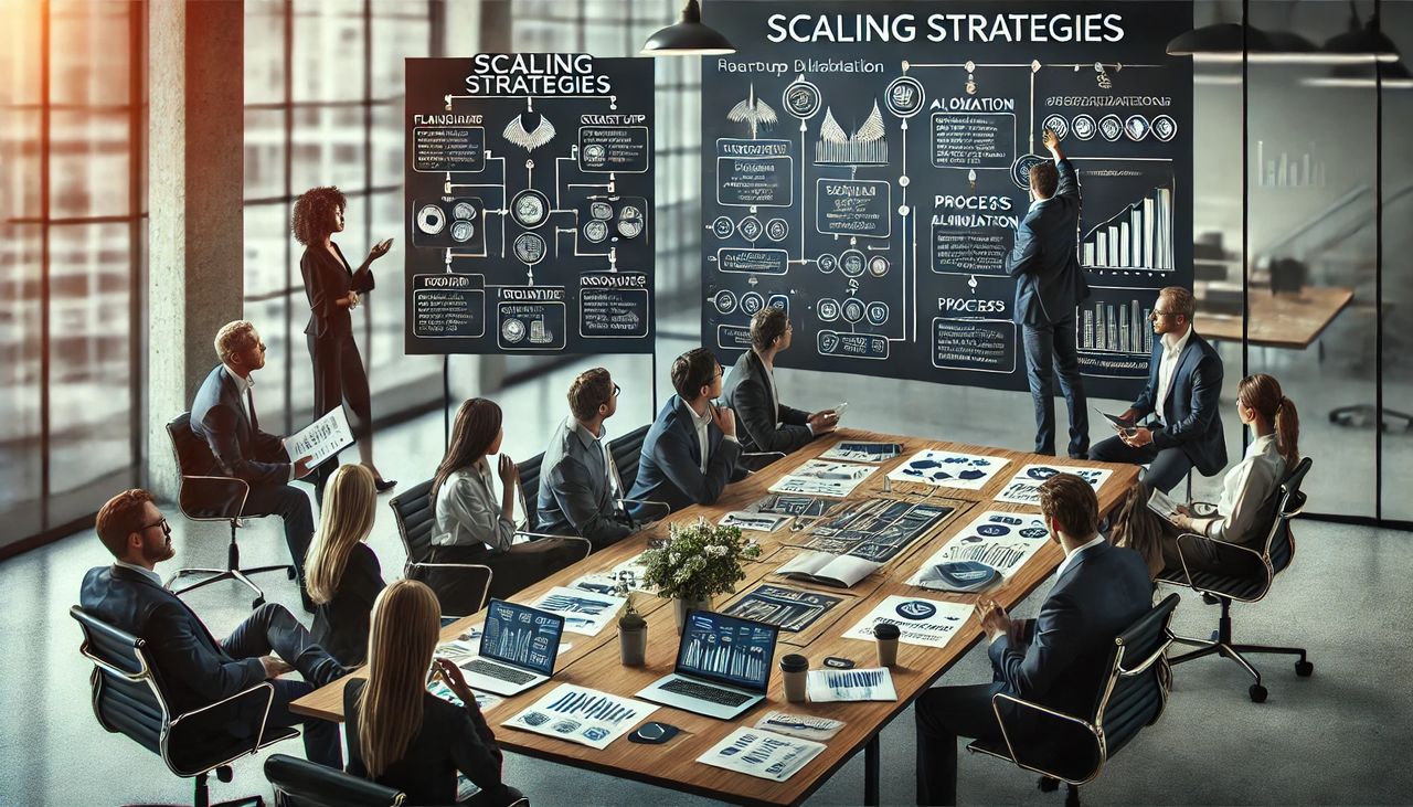 A professional workspace with a team of consultants and startup leaders discussing scaling strategies. The scene includes flowcharts, data dashboards, and team members collaborating on resource allocation and process optimization. The atmosphere is focused and strategic. A professional workspace with a team of consultants and startup leaders discussing scaling strategies. The scene includes flowcharts, data dashboards, and team members collaborating on resource allocation and process optimization. The atmosphere is focused and strategic.