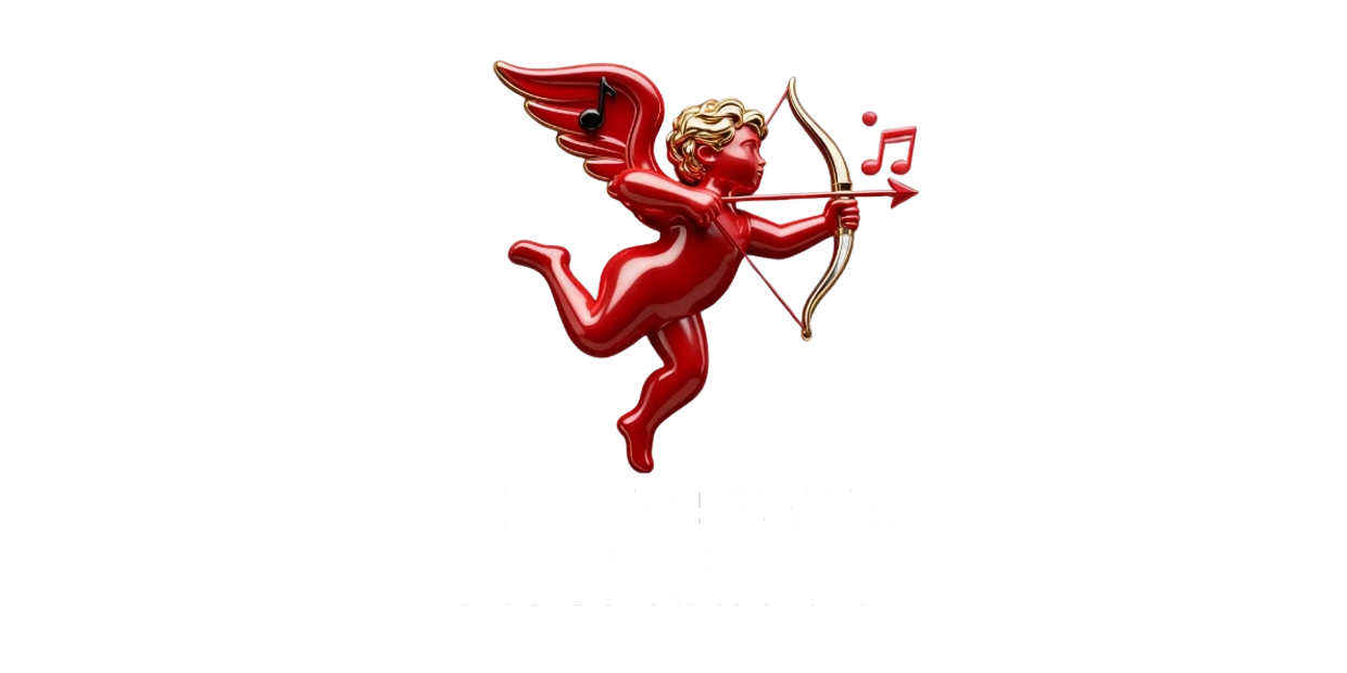 Red cherub with golden hair shooting a musical note arrow from a bow.