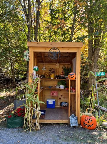 Produce farm stand with Fresh eggs, honey, vegetable, mape syrup, wild apples
