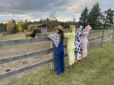 4 young ladies dressed up as farmer and farm animals visiting a farm
