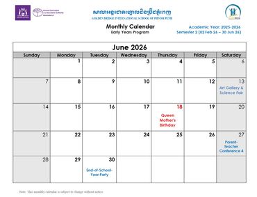 June 2026 school calendar containing academic year dates and important school events for Golden Bridge International School. Early Years programme.