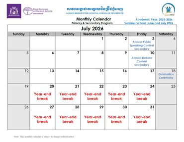 July 2026 school calendar containing academic year dates and important school events for Golden Bridge International School. Primary and Secondary programmes.