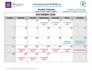 December 2025 school calendar containing academic year dates and important school events for Golden Bridge International School. Primary and Secondary programmes.