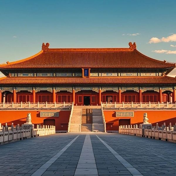 The Forbidden City in Beijing at sunset with clear skies.
