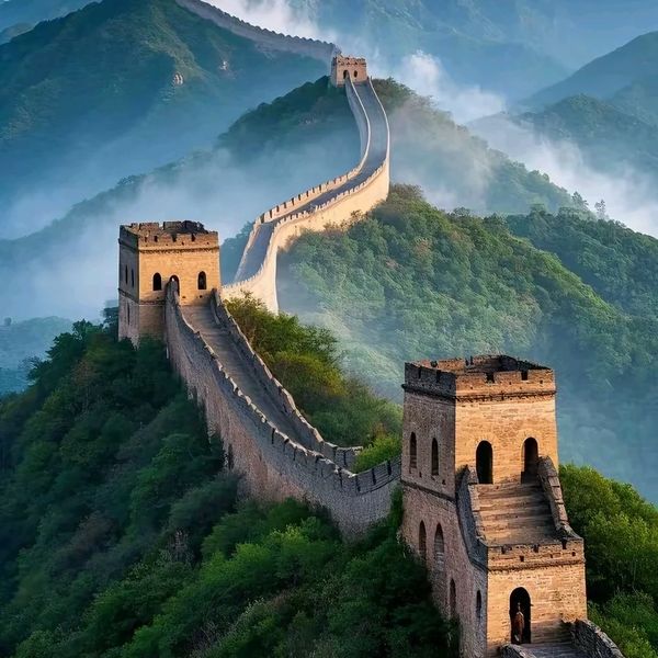 The Great Wall of China winding over lush green mountains under a misty sky.