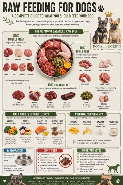 Infographic guide on raw feeding for dogs with balanced diet and essential components.