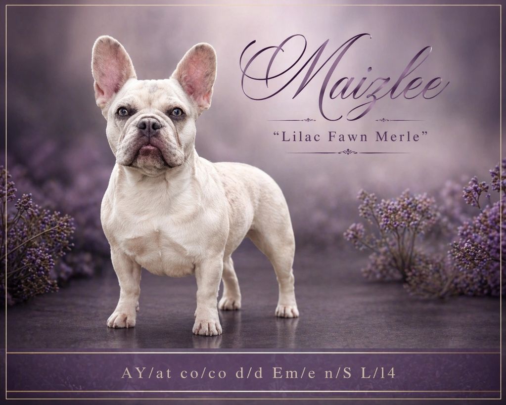 French Bulldog named Maizlee in a lilac-themed setting.