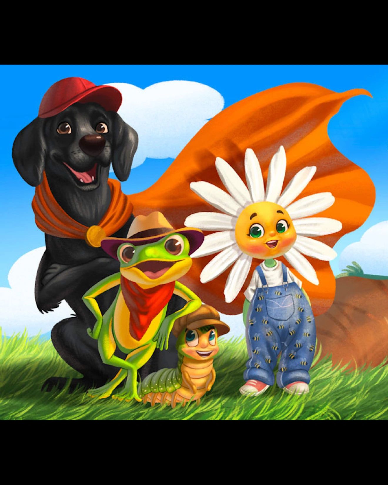 Animated dog, frog, caterpillar, and daisy characters posing cheerfully on grass.