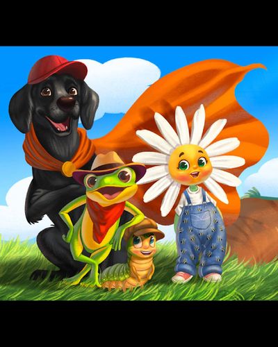 Animated dog, frog, caterpillar, and daisy characters posing cheerfully on grass.