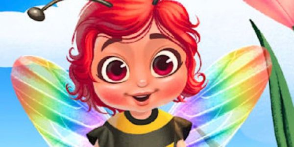 A cute little bee fairy with red hair and rainbow wings sitting on a rock.