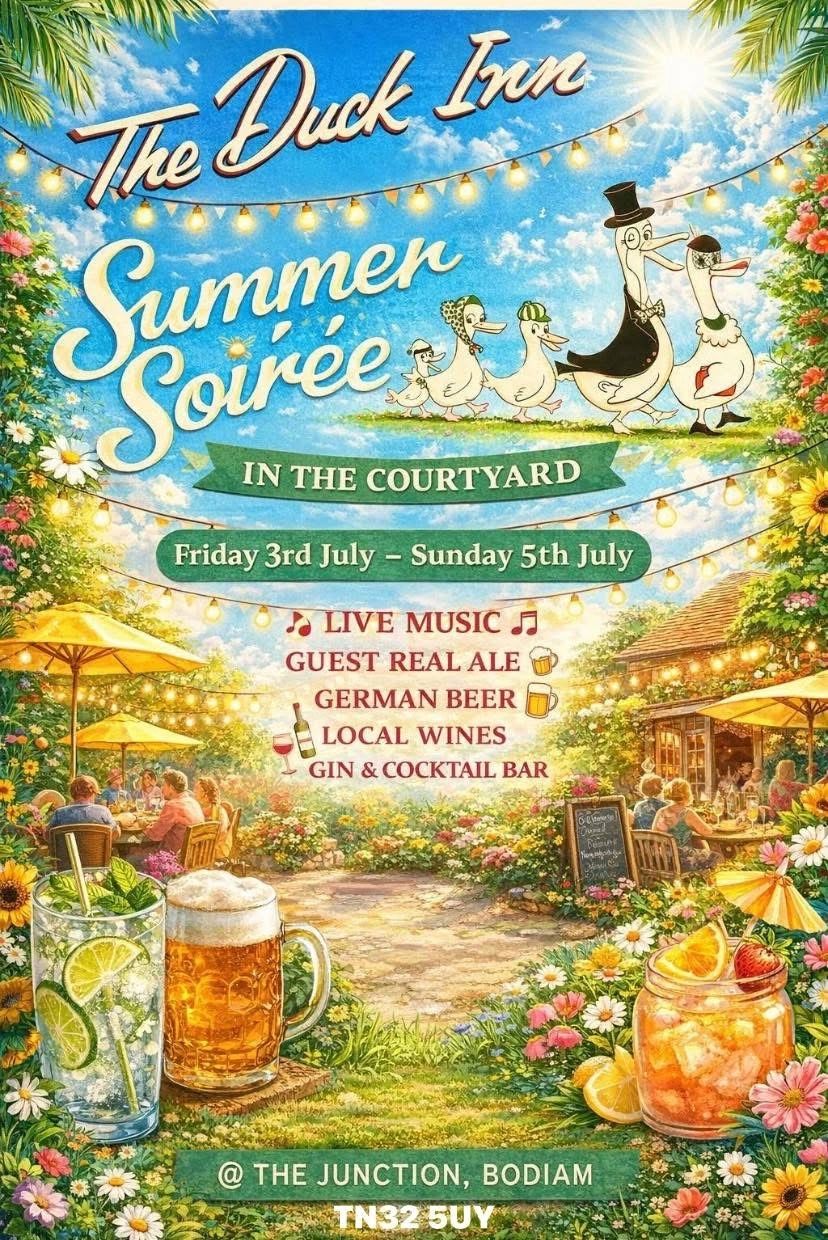 The Duck Inn Summer Soirée event with live music and drinks in a vibrant garden courtyard.