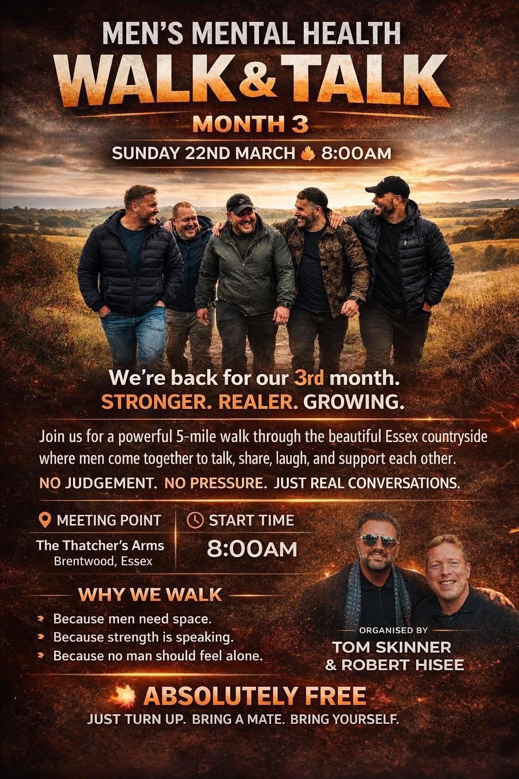 Men's mental health walk and talk event in Essex on March 22, 8 AM, free and supportive.