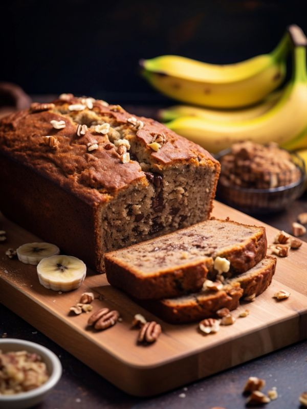 Pan de plátano con nueces sobre tabla de madera.