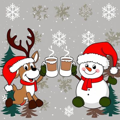 Reindeer and Snowman toasting with hot chocolate
