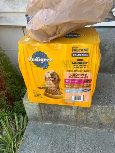 Large value pack of Pedigree dog food with 36 cans on outdoor steps.