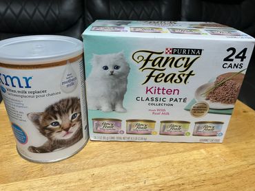Kitten milk replacer and Fancy Feast kitten food on a table.
