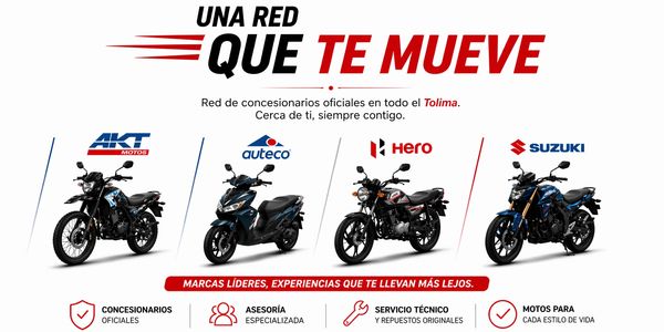 Advertisement showing motorcycles from AKT, Auteco, Hero, and Suzuki with service benefits.