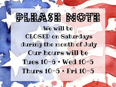 knot just beads
July hours
store hours
summer hours
beads