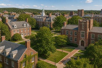Aerial view of a college campus with historic brick buildings and green trees.