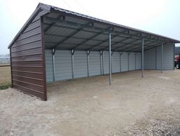 12x50x7 brown Texwin 3 sided metal loafing shed with overhang.