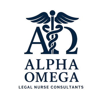 Logo of Alpha Omega Legal Nurse Consultants with medical and Greek symbols.