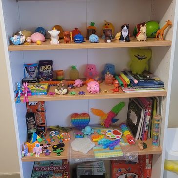 Sensory items, fidgets, art supplies and games. Clients of all ages enjoy this selection. 
