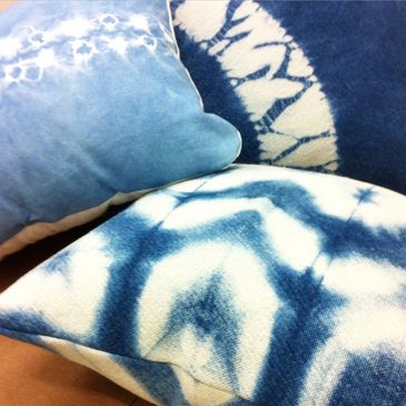 Group of indigo dyed pillows for a client's project.
