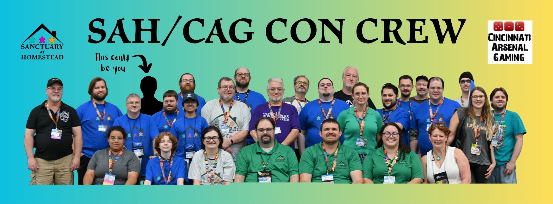 Group photo of SAH/CAG Con Crew members with an empty silhouette spot.