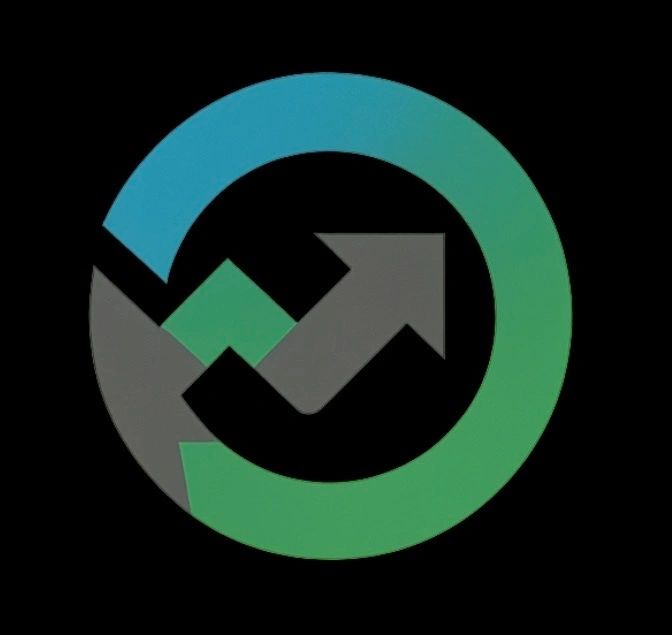 A stylized circular arrow logo with blue and green segments on a black background.