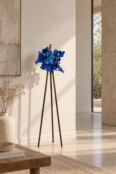 Jeff Alarie Florilège 2, large blue floral steel sculpture with copper leaf